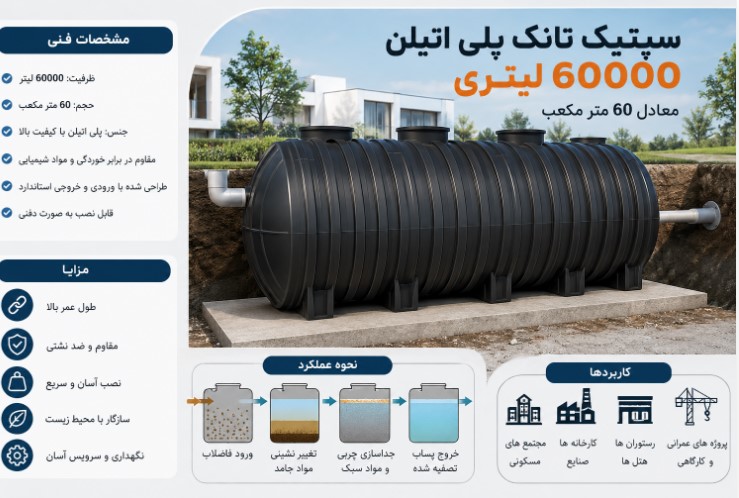 سپتیک تانک پلی اتیلن ۶۰۰۰۰ لیتر معادل ۶۰ متر مکعب چیست